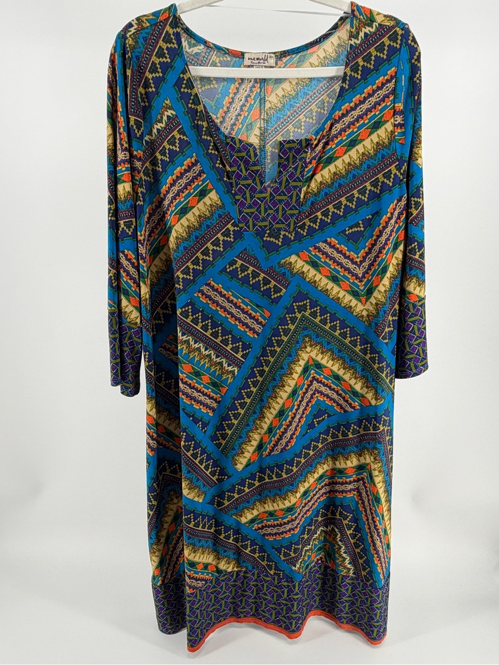 One World Geometric Tribal Southwestern Stretch 3/4 Sleeve Dress, Women's 2X